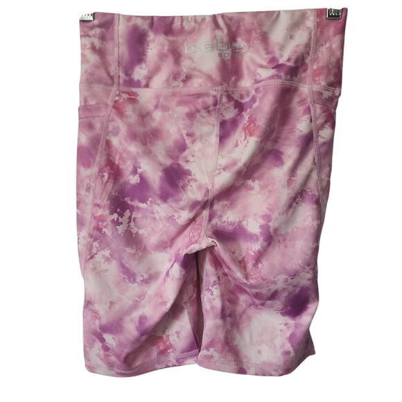 Bebe Sport Tie Dye Pink Purple Side Pocket Wide Waist High Rise Workout Shorts M - Picture 2 of 5